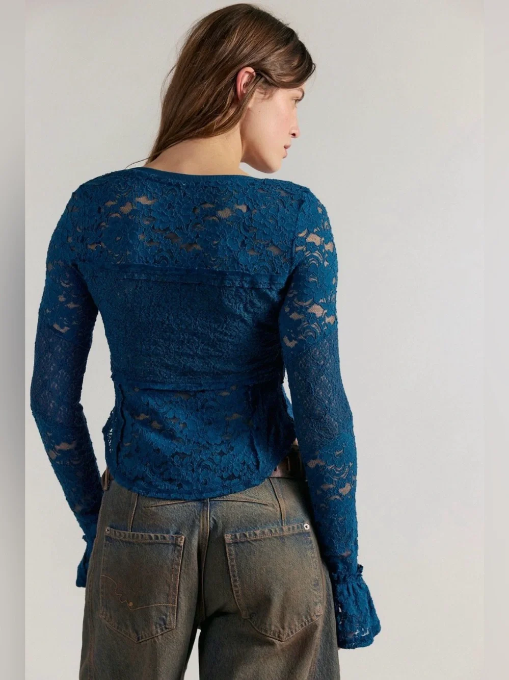 Free People Sheer Lace Flared Long Sleeve Top in Deep Dive Size Small NWT